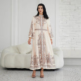 Stand Collar Printing Long Retro Muslim Dress  Adomoo